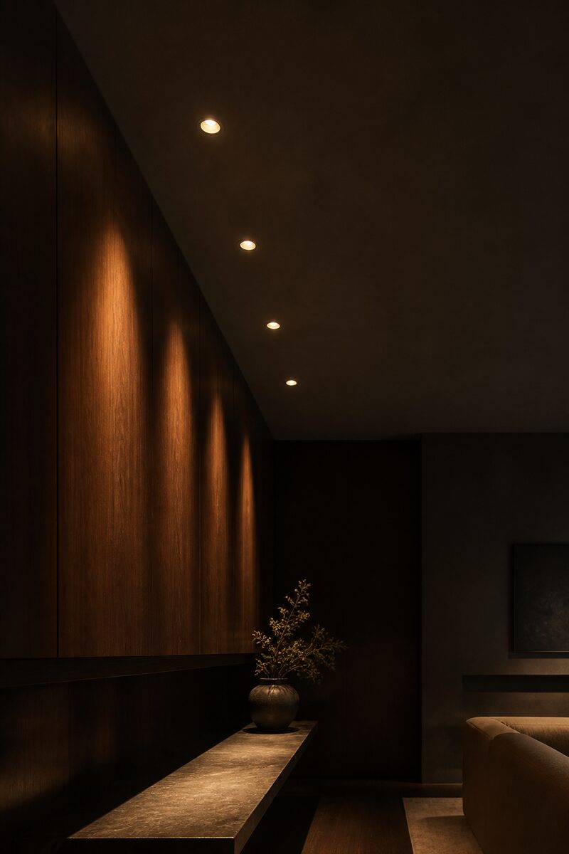Trimless recessed spots set flush into a plaster ceiling