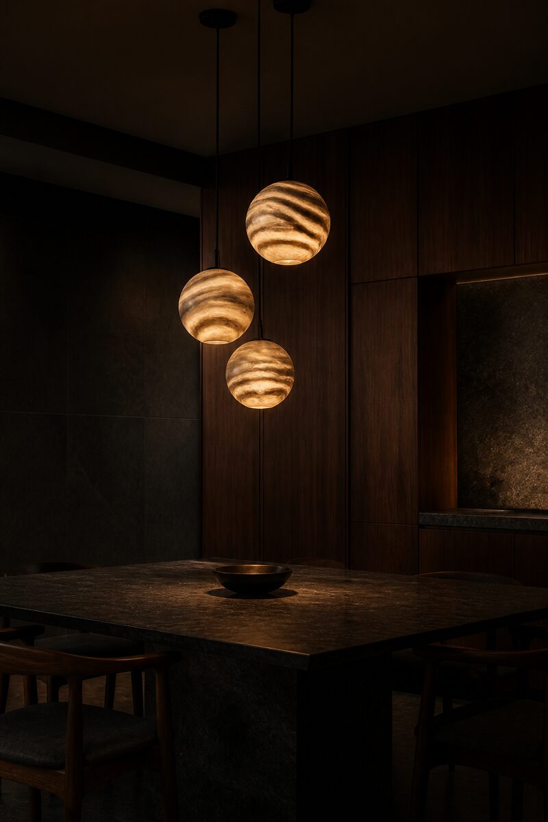 Three spherical pendants over a dining table