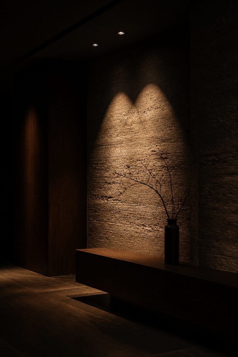 Adjustable downlights grazing a stone feature wall