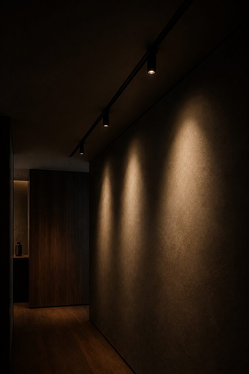 Magnetic track running along a hallway ceiling